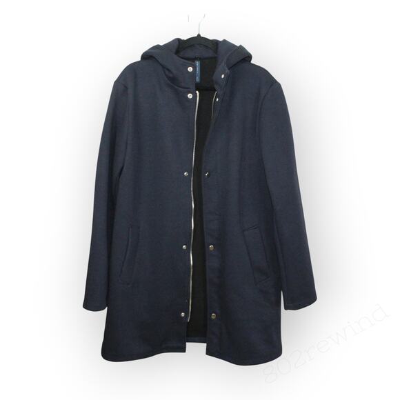 Large Zara Man Duffel Overcoat Navy Blue Poly-Cotton Weave Zip Snap Hood - Picture 5 of 14